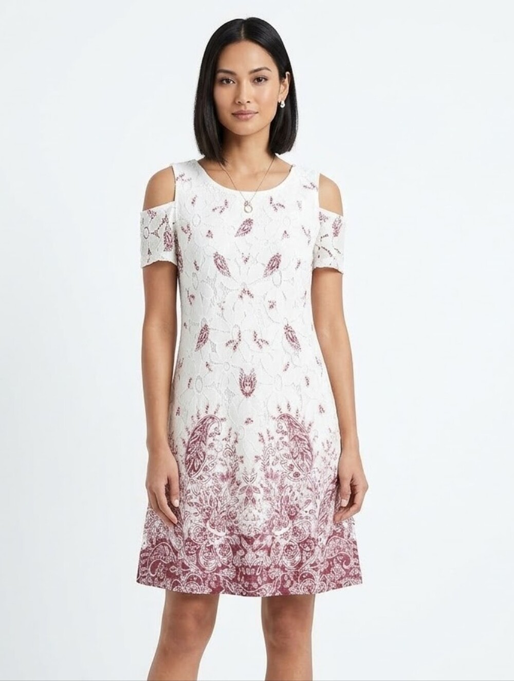 Robbie Bee White Lace Cold-Shoulder Dress with Rose Paisley Print Small